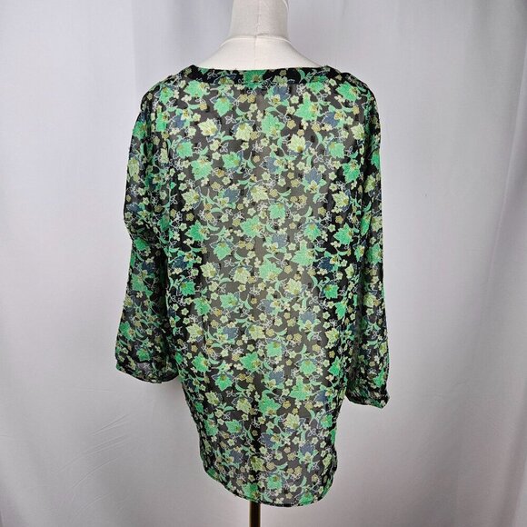 Rose + Olive Blouse XL Black Green Metallic Floral Sheer Pleated Boho - Picture 4 of 12